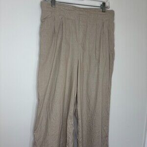 PACIBE Pull On 100% Linen Pants Womens L Wide-Leg Tan Pleats Pockets Lightweight